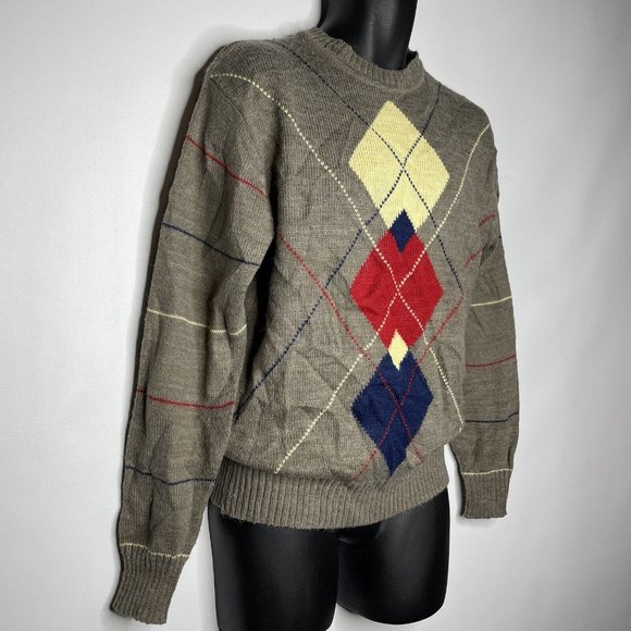 Vintage 70s Bruce Jenner Sports In Motion Taupe Brown Argyle Sweater - Picture 3 of 7